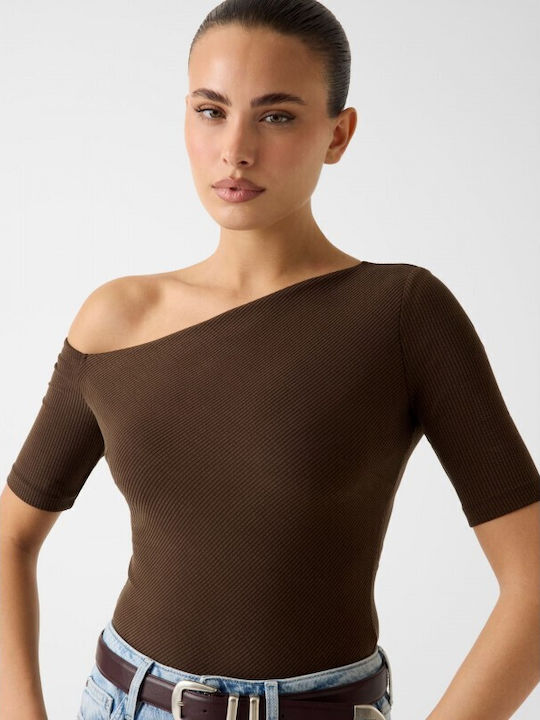 Women's Blouse with One Shoulder Brown