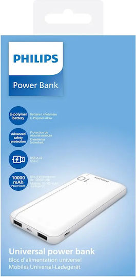 Philips DLP1810CW/GRS Power Bank 10000mAh 37W με 2 Θύρες USB-A και Θύρα USB-C Λευκό