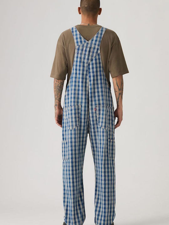Men's Denim Dungarees with Loose Straight Fit Check Blue