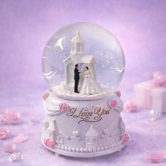 Glass Musical Globe Bride Groom Little Church "i Love You" Message Decorative Resin Stand