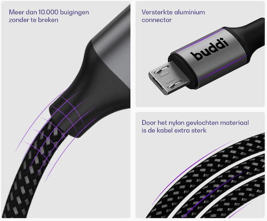 Buddi Flex Regular USB 2.0 spre micro USB Cablu Negru 0.3m 1buc