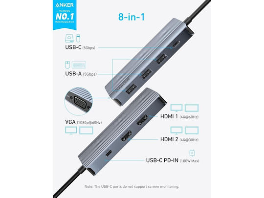 Anker USB-C Stație de andocare cu HDMI 4K PD Gri (A83790A2)