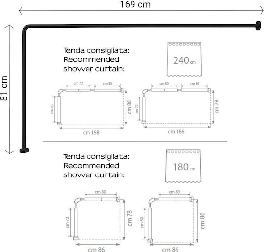 Gedy Corner Shower Curtain Rod Wall Mounted Aluminium Black 170cm