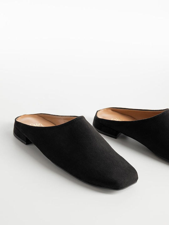 Gin Flat Suede Mules σε Μαύρο Χρώμα