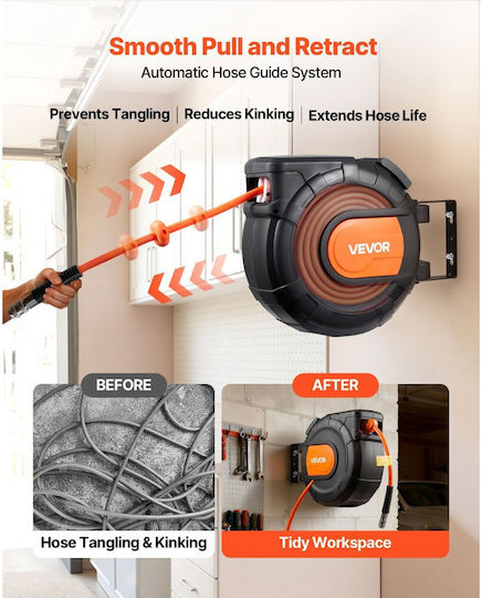 Retractable Air Hose Reel Vevor PVC Air Hose 20m x 9.5mm Maximum 300psi Closed Air Compressor Hose Reel Automatic Rewind Inlet 2m 180° Swivel Ceiling Wall Mount Garage Workshop