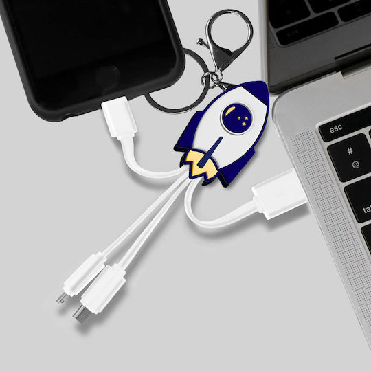 Yello Koko Andy 3 In 1 Usb-c Micro-usb Lightning To Usb-a 3a Rocket Keyring Cable White Blue