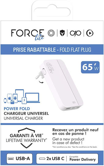 Force Power Външна Батерия 10000mAh 65W с USB-A Изходен Порт и 2 USB-C Изходни Порта Power Delivery Бяла