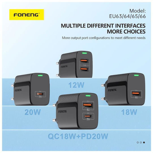 Foneng Charger with USB-C Port and Cable USB-C - Lightning 20W Power Delivery Whites (EU65)