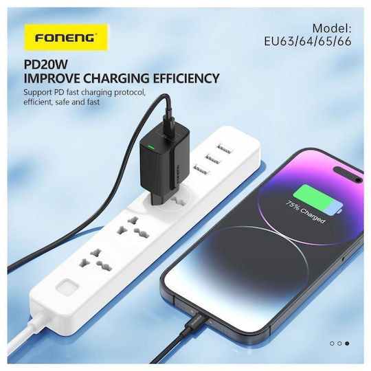 Foneng Charger with USB-C Port and Cable USB-C - Lightning 20W Power Delivery Whites (EU65)