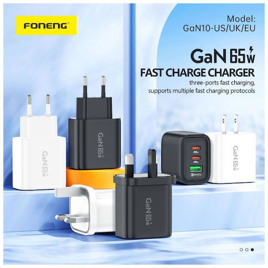Foneng Charger GaN with USB-A Port and 2 USB-C Ports and Cable USB-C - USB-C 65W Power Delivery / Quick Charge 4.0 Blacks (GaN10-EU)