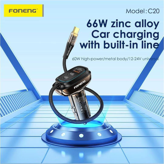 Foneng Car Charger 66W with Ports: 1xUSB 2xType-C with Cable Type-C