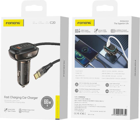 Foneng Car Charger 66W with Ports: 1xUSB 2xType-C with Cable Type-C