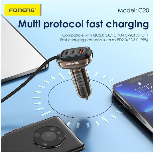 Foneng Car Charger 66W with Ports: 1xUSB 2xType-C with Cable Type-C