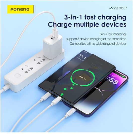 Foneng USB 2.0 Cable USB-C male - USB-C 60W PD Μαύρο 1.2m