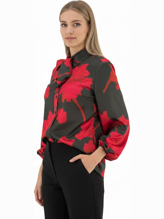 Women's Satin Floral Long Sleeve Shirt Red