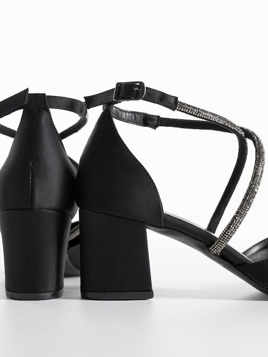 Pointed Toe Heels Satin with Strap and Chunky Medium Heel Black A26-069-0586 Satin-Black