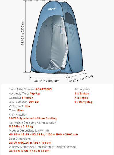 Vevor Σκηνή Camping Pop Up Τουαλέτας Μπλε 119x119x210εκ.
