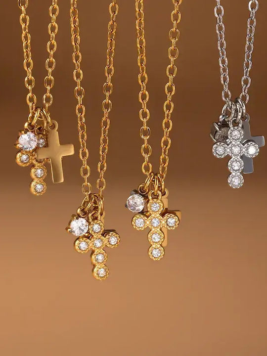 Necklace Double from Gold Plated Steel with Diamond & Zircon