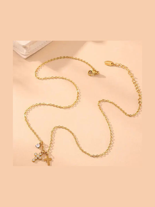 Necklace Double from Gold Plated Steel with Diamond & Zircon