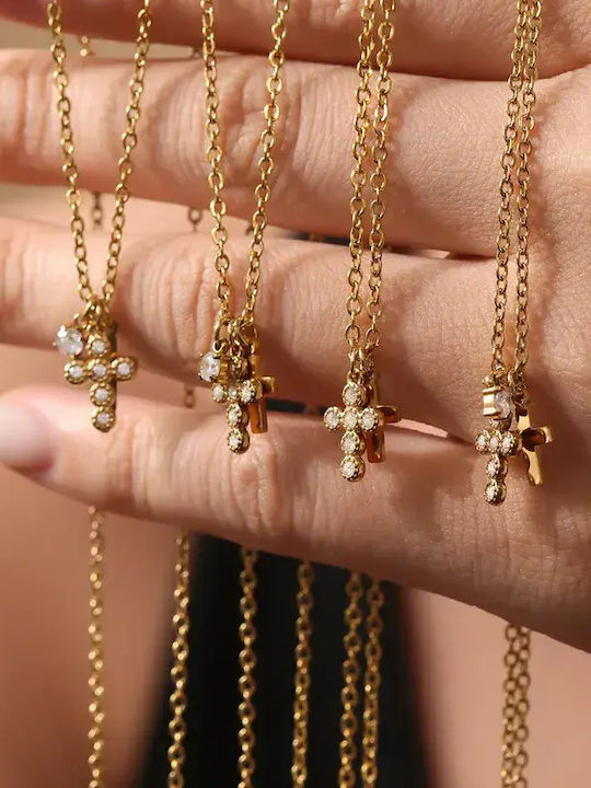 Necklace Double from Gold Plated Steel with Diamond & Zircon