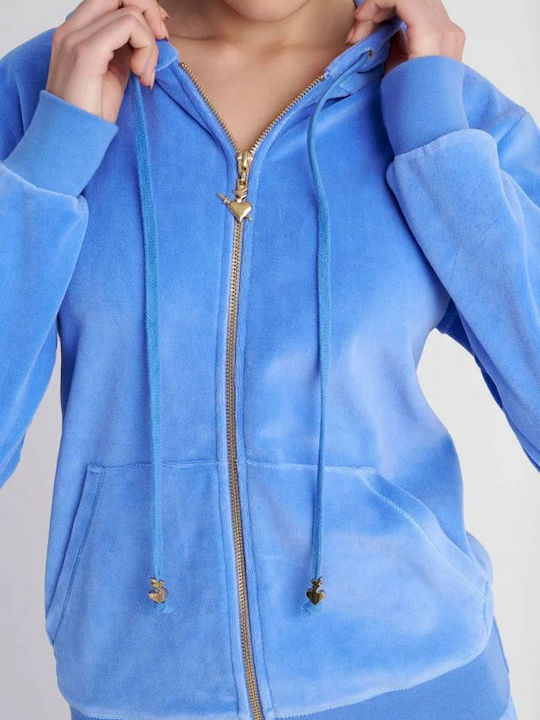 Women's Sweatshirt Jacket Velvet Hooded Light Blue