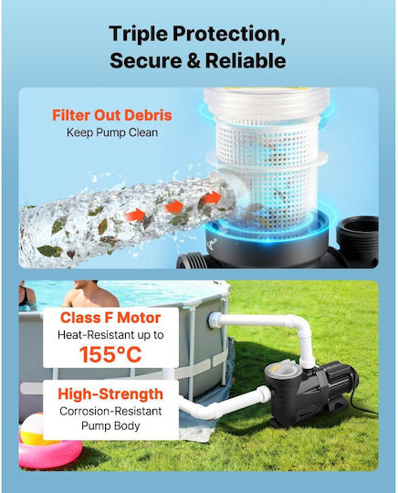 Vevor Pompa De Apă Pentru Piscină Cu Filtru Cu O Singură Fază Cu Alimentare Maximă 28800 Lt/h