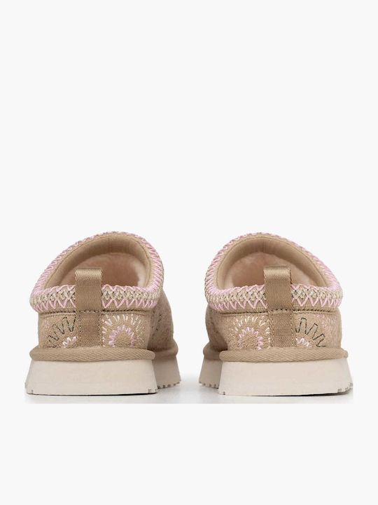 Leather Winter Women's Slippers Beige