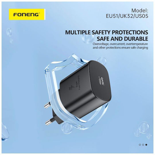 Foneng Φορτιστής GaN με Θύρα USB-C και Καλώδιο USB-C - USB-C 25W Power Delivery / Quick Charge 2.0 Μαύρος (EU51)