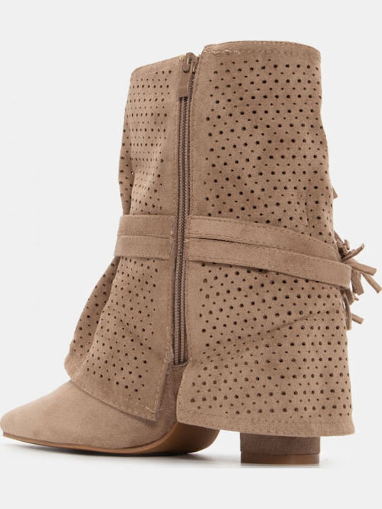 Suede Women's Cowboy Boots with High Heel Beige