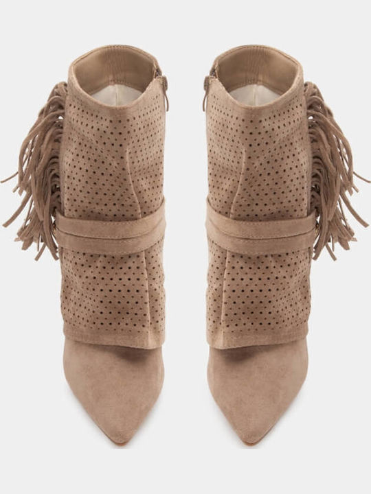 Suede Women's Cowboy Boots with High Heel Beige