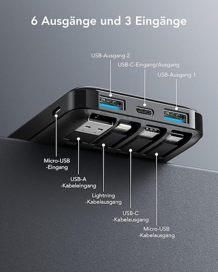 Charmast W1148 Power Bank 10000mAh 20W with 2 USB-A Ports and USB-C Power Delivery Port Black