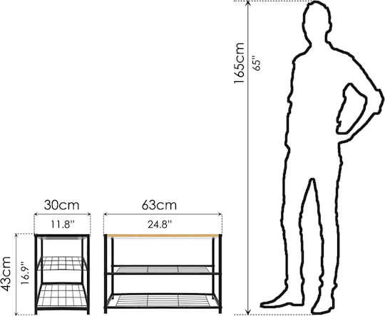 Iris-43 Shoe Rack 3 Shelves Sonoma 63x30x43cm Black Metal Frame