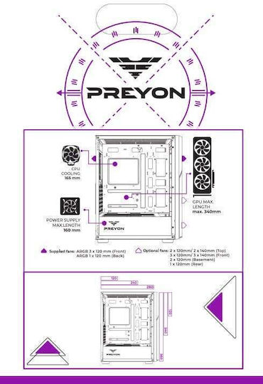 Preyon Nest Aero Gaming Full Tower Κουτί Υπολογιστή με Πλαϊνό Παράθυρο και ARGB Φωτισμό Μαύρο