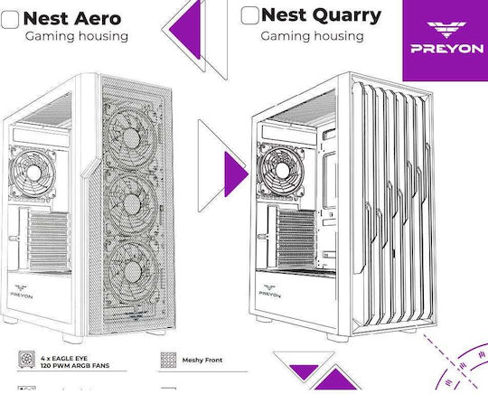 Preyon Nest Aero Gaming Full Tower Κουτί Υπολογιστή με Πλαϊνό Παράθυρο και ARGB Φωτισμό Μαύρο