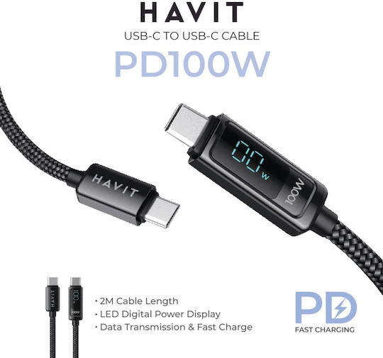 Havit LED USB 2.0 Cable USB-C male - USB-C 100W Μαύρο 2m 21.08.0025