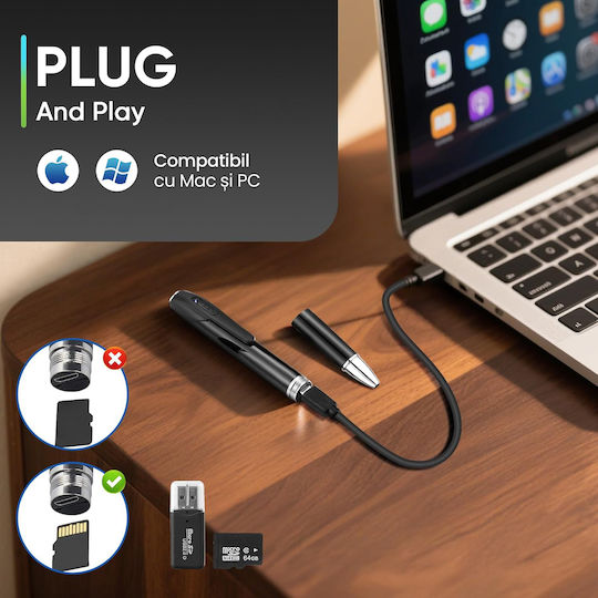 Cameră Ascunsă Full Hd WiFi Stilou 1080p cu Slot pentru Card de Memorie