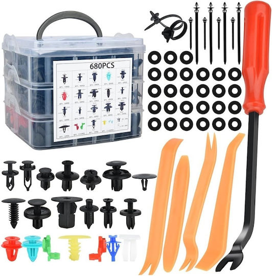 Set 680 Clipsuri Universale de Fixare Auto Kit de Reparare Cleme din Plastic 23 Dimensiuni de la 5 mm la 100 mm Uși Aripi Bare de Protecție Scuturi Multicolore