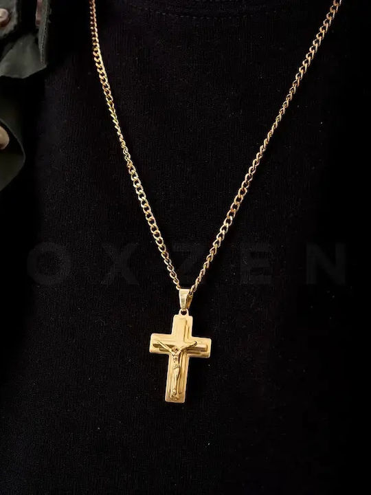 Oxzen Men's Cross from Gold Plated Steel with Chain