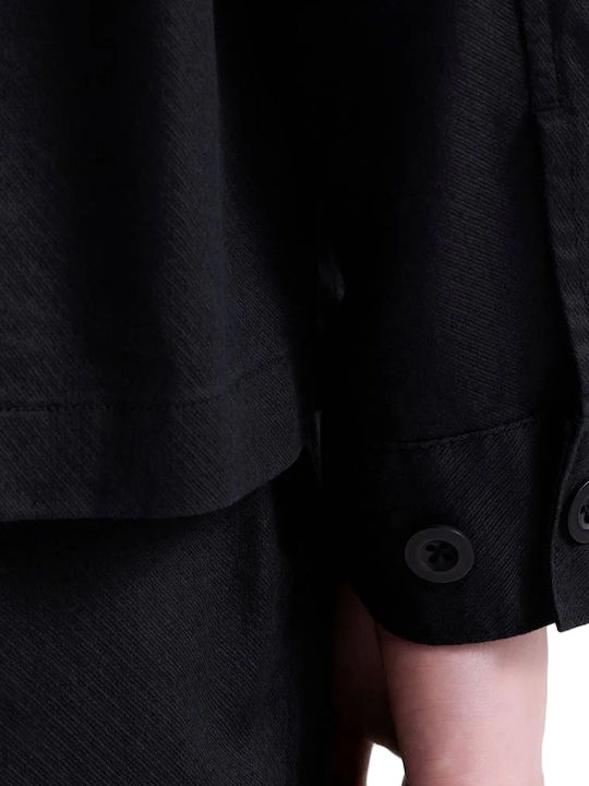 Μακρυμάνικo Λινό Overshirt σε Κανονική Γραμμή Μαυρο