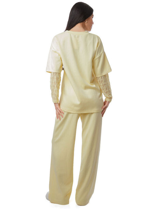 Yellow Set Trousers Lace Blouse