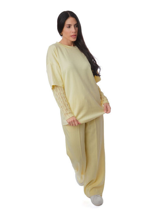 Yellow Set Trousers Lace Blouse