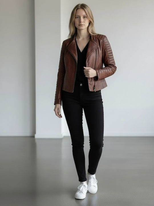 Δερμάτινο Γυναικείο Μπουφάν για Χειμώνα Cognac