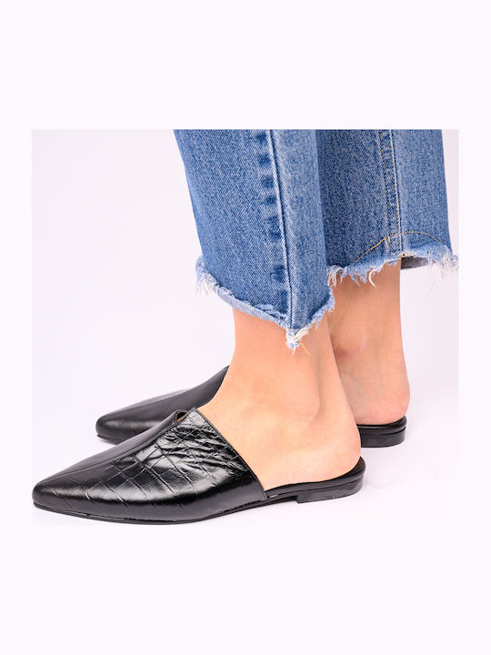 Flat Δερμάτινα Mules σε Μαύρο Χρώμα