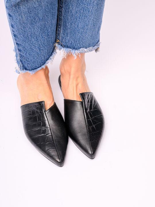 Flat Δερμάτινα Mules σε Μαύρο Χρώμα