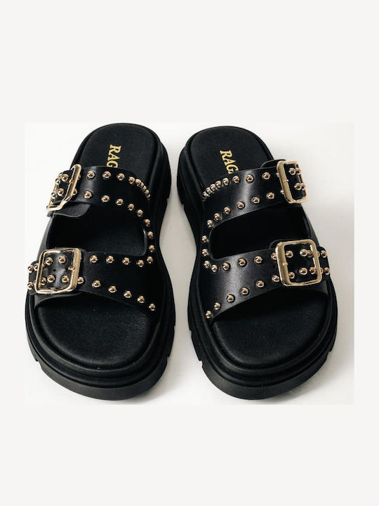 Δερμάτινα Γυναικεία Σανδάλια Flatforms Μαύρα