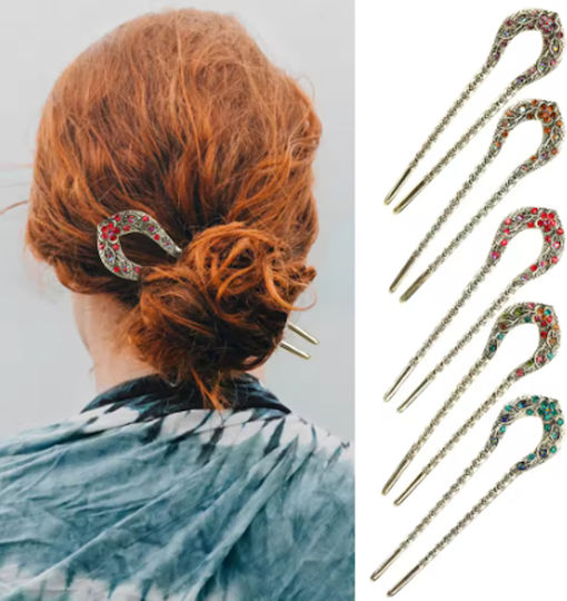 Hair Pin U-Shape Chop Stick Vintage Gold Crystals Julia