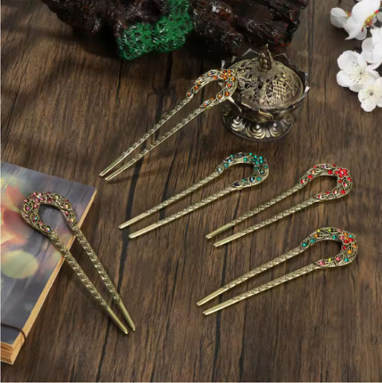 Hair Pin U-Shape Chop Stick Vintage Gold Crystals Julia