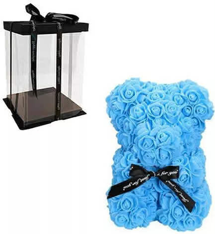 Ursuleț De Pluș Albastru Flori Artificiale Trandafiri Cutie Transparentă 23cm Ursuleț De Pluș Albastru Flori Artificiale Trandafiri Cutie Transparentă 23cm