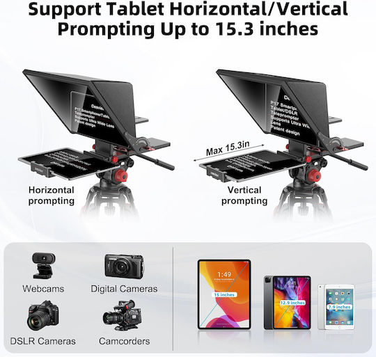 Kit Teleprompter 15 Inch Pentru Camere DSLR Control De La Distanță Compatibil Cu Smartphone-uri Tablete Până La 15,3 Inch Metal Montură 1/4 Inch Geantă De Transport Cu Spațiu De Depozitare