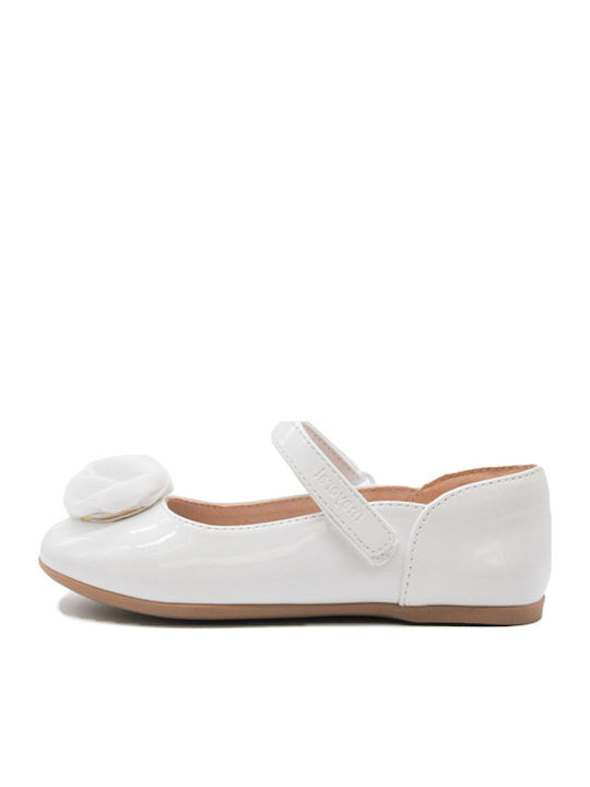 Kids Leather Ballerinas with Hoop & Loop Closure White